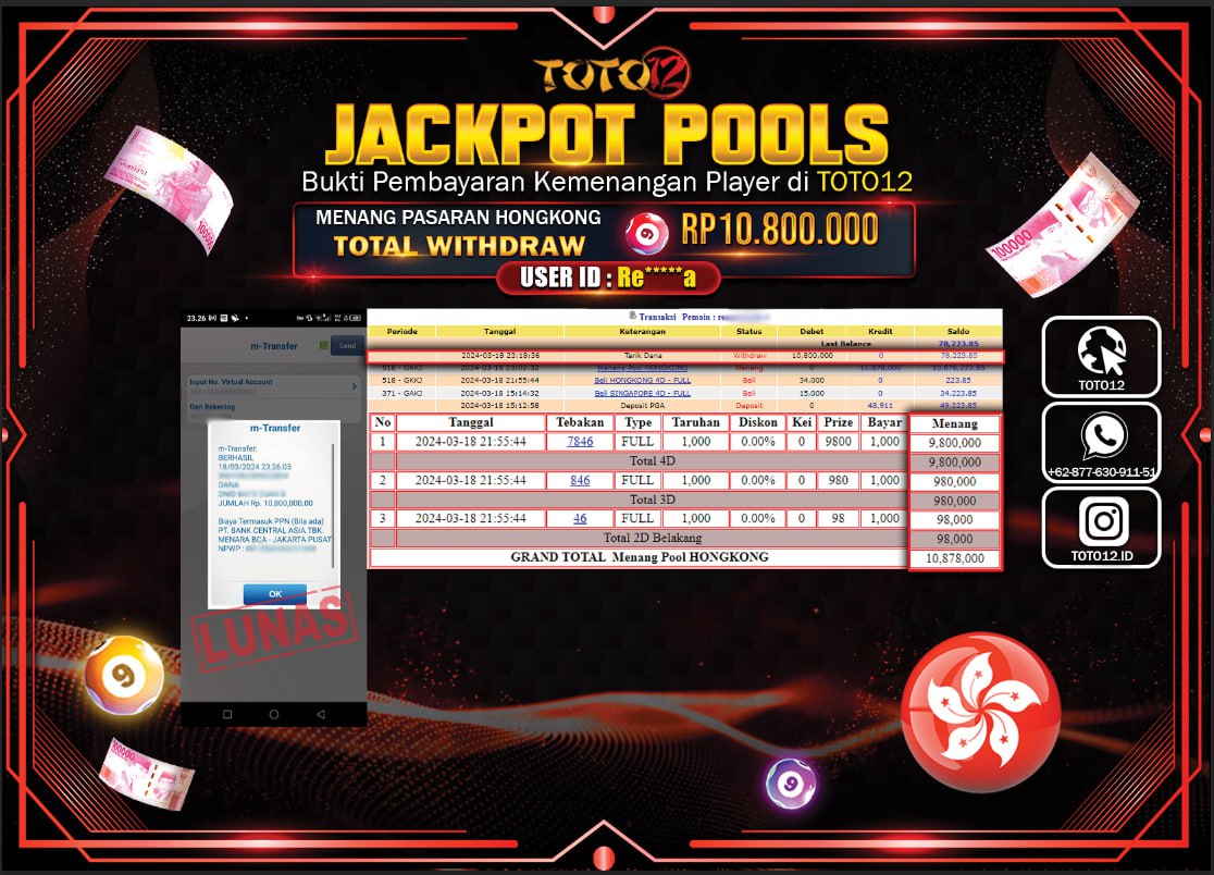HANYA DI TOTO12 JP PASTI DI BAYAR LUNAS DAN CEPAT!!!!!! JACKPOT POOLS MENANG PASARAN { HONGKONG } Rp.10.800.000 !!!!!