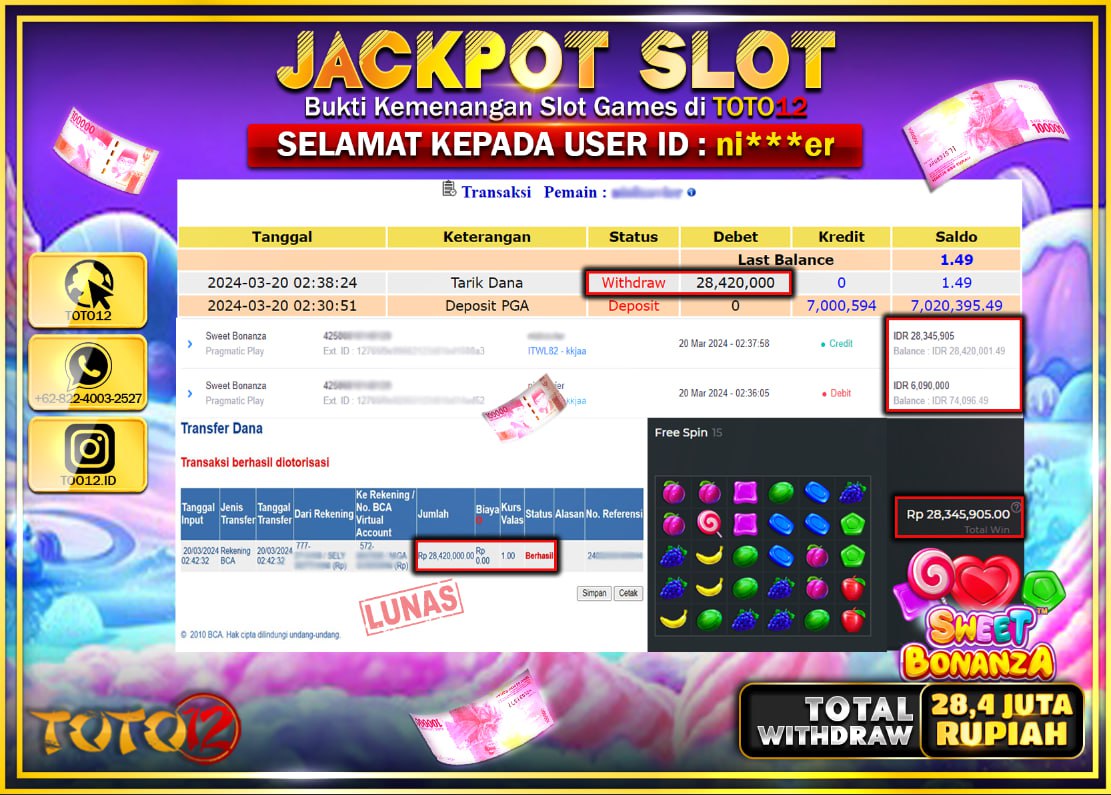 HANYA DI TOTO12 JP PASTI DI BAYAR LUNAS DAN CEPAT!!!!!! JACKPOT SLOT GAME ( SWEET BONANZA ) Rp.28.420.000 !!!!!