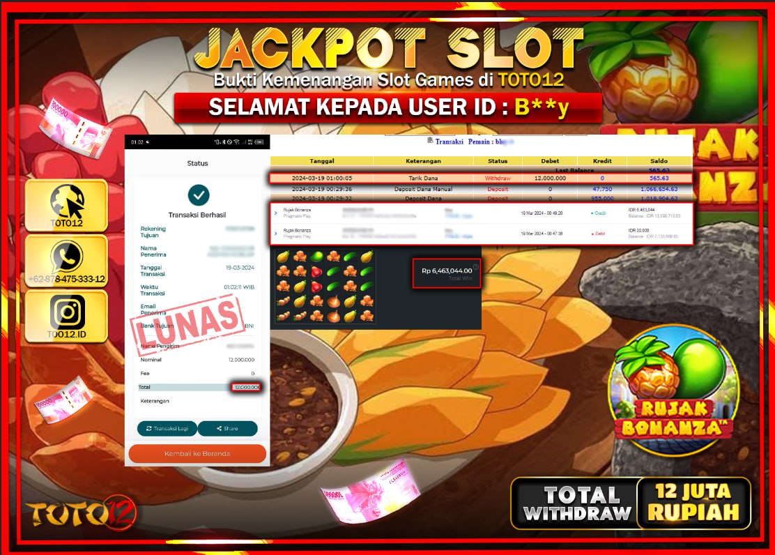 HANYA DI TOTO12 JP PASTI DI BAYAR LUNAS DAN CEPAT!!!!!! JACKPOT SLOT GAME ( RUJAK BONANZA ) Rp.12.000.000 !!!!