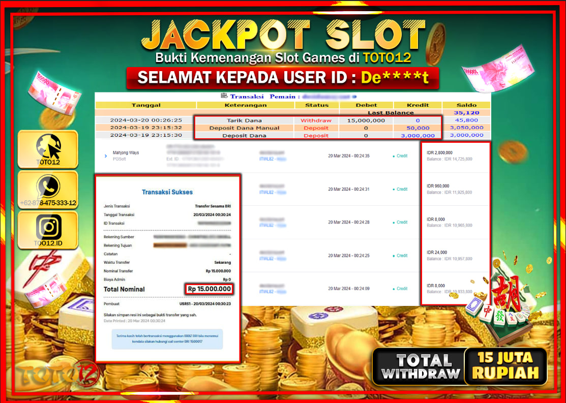 HANYA DI TOTO12 JP PASTI DI BAYAR LUNAS DAN CEPAT!!!!!! JACKPOT SLOT GAME ( MAHJONG WAYS ) Rp.15.000.000 !!!!