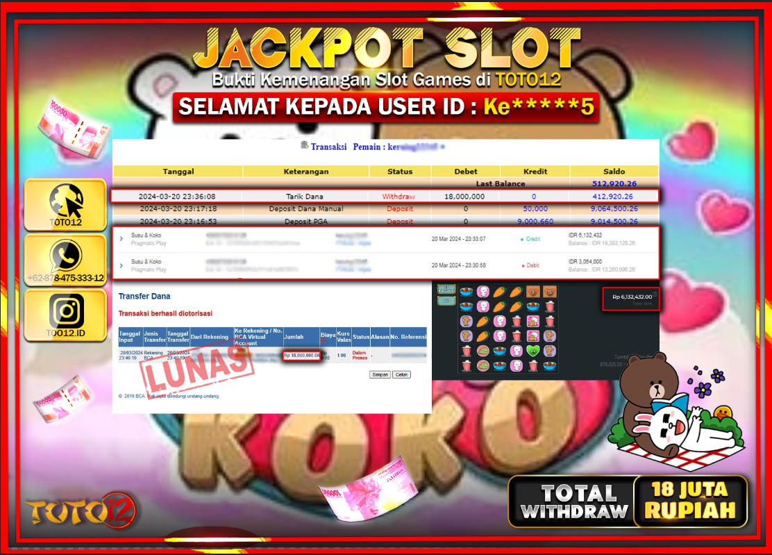 HANYA DI TOTO12 JP PASTI DI BAYAR LUNAS DAN CEPAT!!!!!! JACKPOT SLOT GAME ( SUSU & KOKO ) Rp.18.000.000 !!!!!