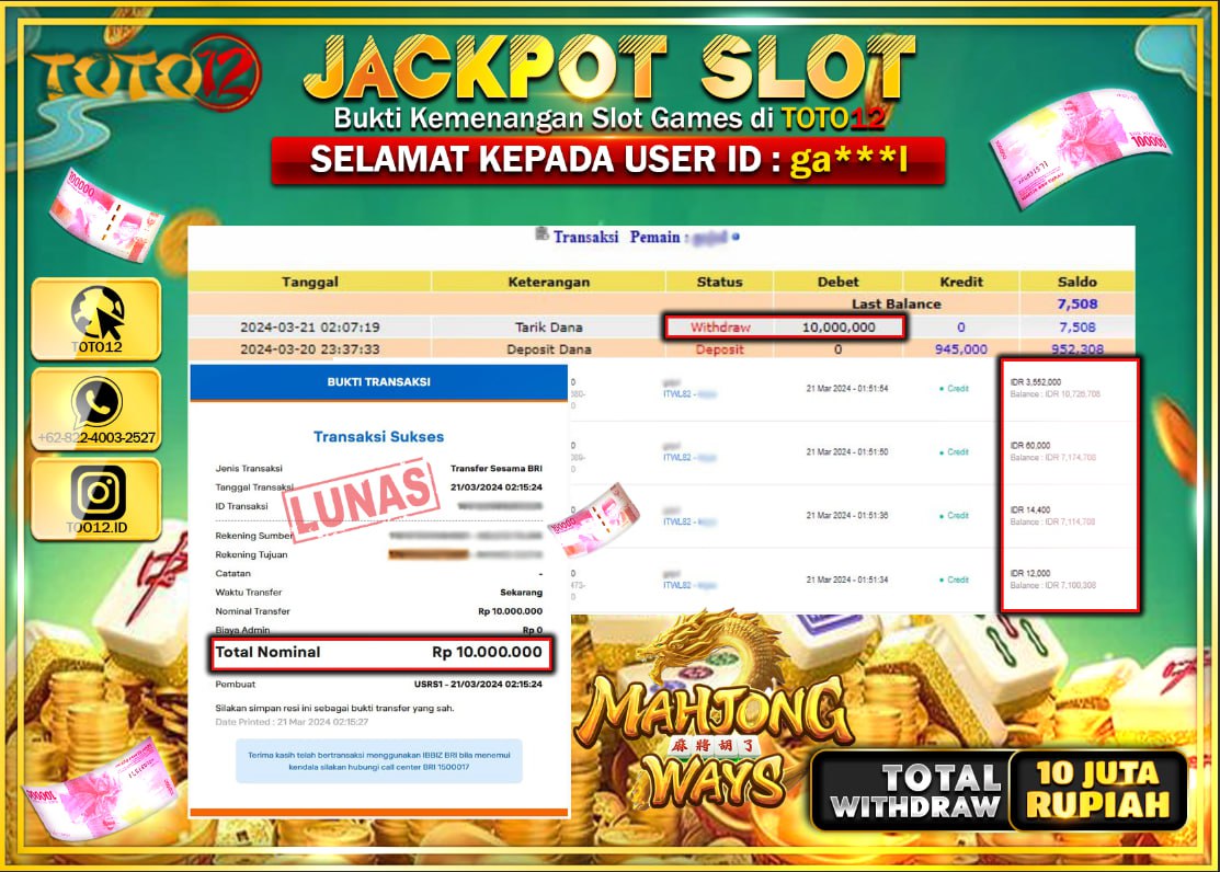 HANYA DI TOTO12 JP PASTI DI BAYAR LUNAS DAN CEPAT!!!!!! JACKPOT SLOT GAME ( MAHJONG WAYS 2 ) Rp.10.000.000 !!!!