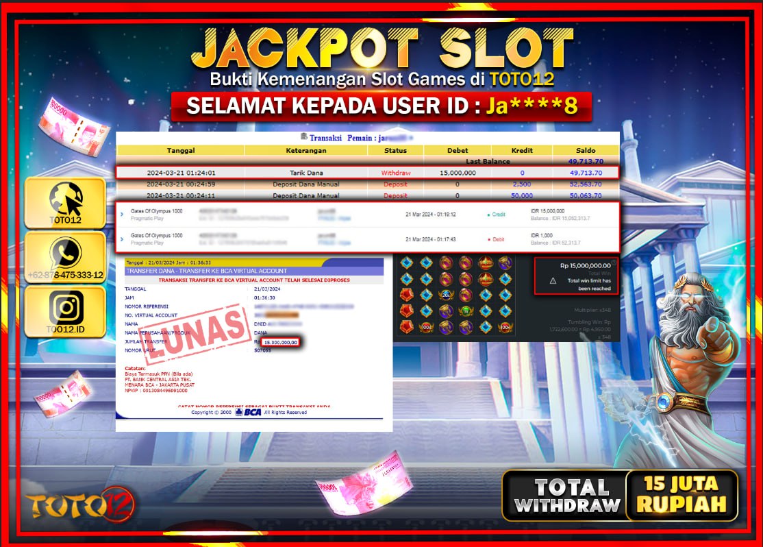 HANYA DI TOTO12 JP PASTI DI BAYAR LUNAS DAN CEPAT!!!!!! JACKPOT SLOT GAME ( GATES OF OLYMPUS 1000 ) Rp.15.000.000 !!!!