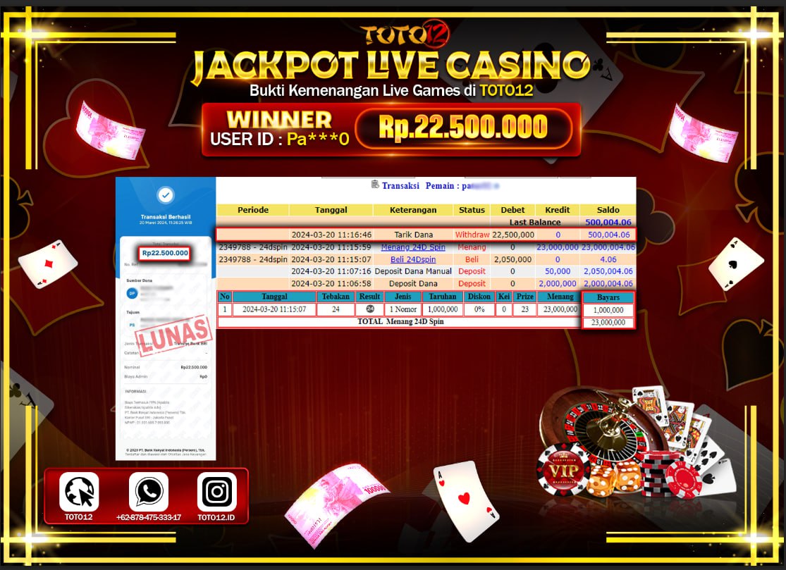 HANYA DI TOTO12 JP PASTI DI BAYAR LUNAS DAN CEPAT!!!!!! JACKPOT LIVE CASINO GAME ( 24D SPIN ) Rp.22.500.000 !!!!