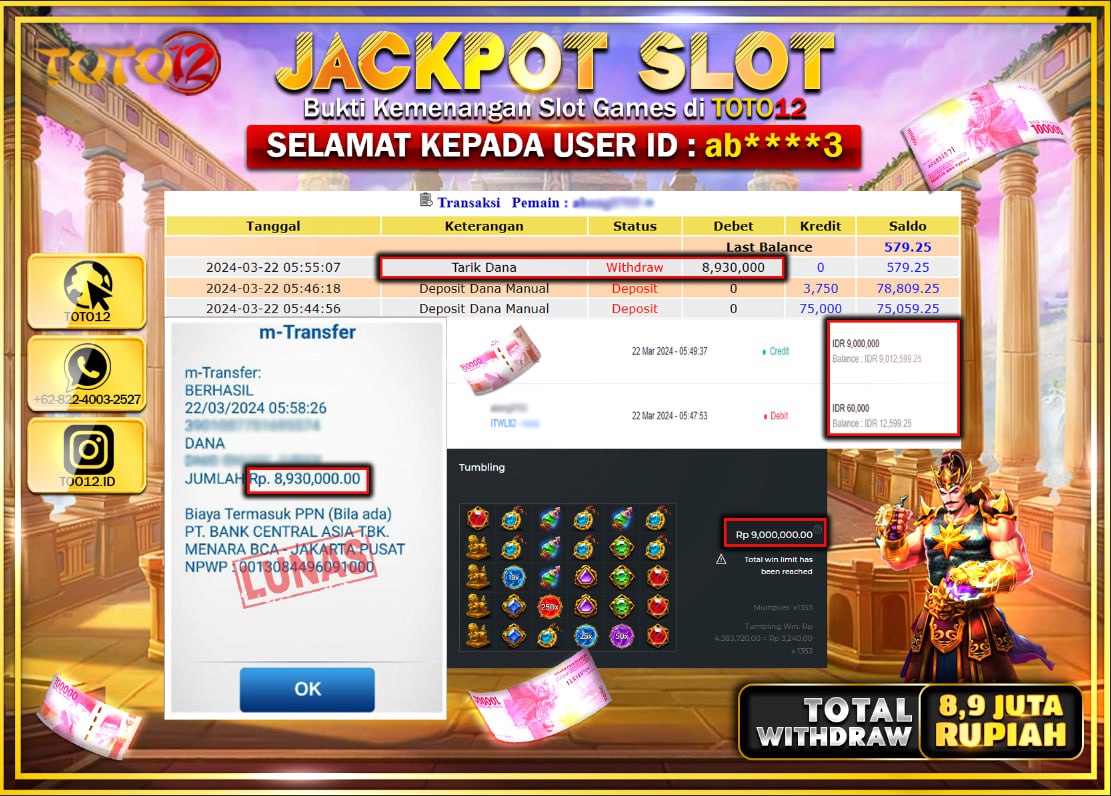 HANYA DI TOTO12 JP PASTI DI BAYAR LUNAS DAN CEPAT!!!!!! JACKPOT SLOT GAME ( GATES OF GATOT KACA 1000 ) Rp.8.900.000 !!!!