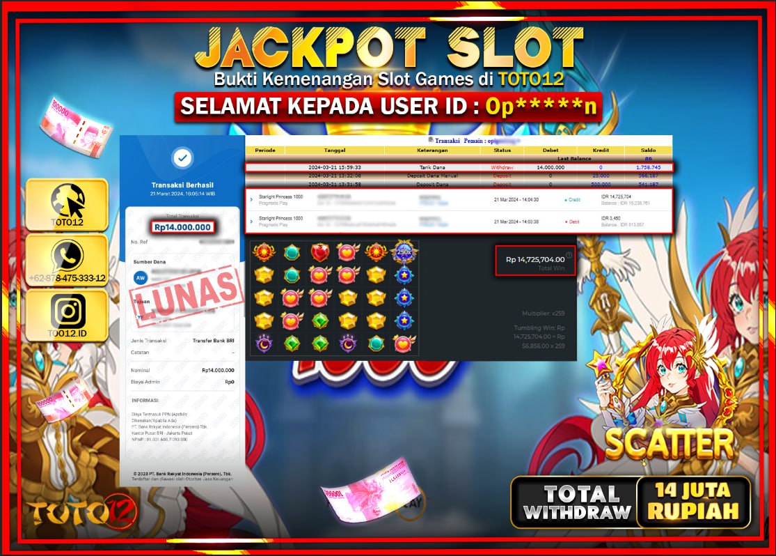 HANYA DI TOTO12 JP PASTI DI BAYAR LUNAS DAN CEPAT!!!!!! JACKPOT SLOT GAME ( STARLIGHT PRINCES 1000 ) Rp.14.000.000 !!!!