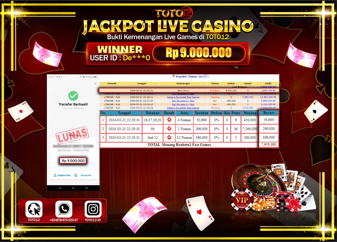 HANYA DI TOTO12 JP PASTI DI BAYAR LUNAS DAN CEPAT!!!!!! JACKPOT LIVE CASINO GAME ( ROULETTE ) Rp.9.000.000 !!!!