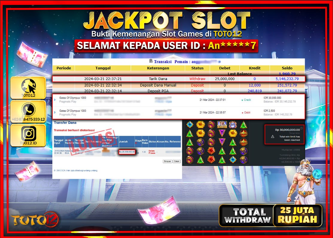 HANYA DI TOTO12 JP PASTI DI BAYAR LUNAS DAN CEPAT!!!!!! JACKPOT SLOT GAME ( GATES OF OLYMPUS 1000 ) Rp.25.000.000 !!!!