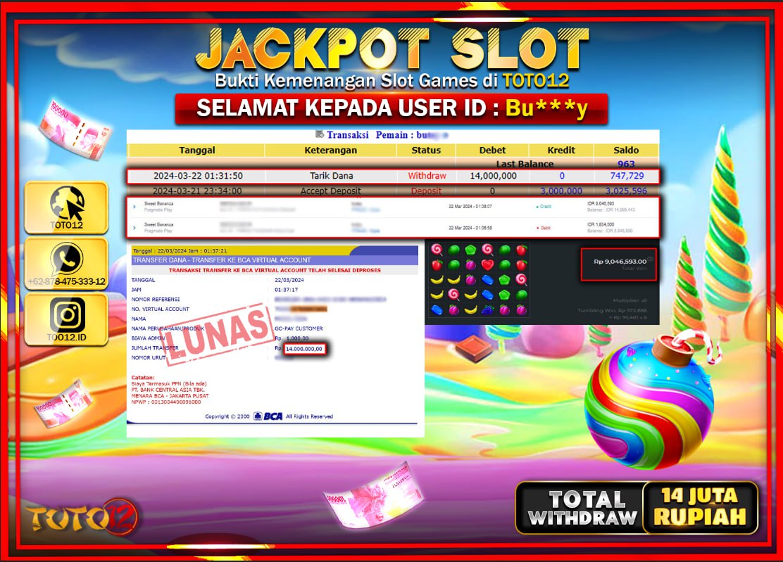 HANYA DI TOTO12 JP PASTI DI BAYAR LUNAS DAN CEPAT!!!!!! JACKPOT SLOT GAME ( SWEET BONANZA ) Rp.14.000.000 !!!!