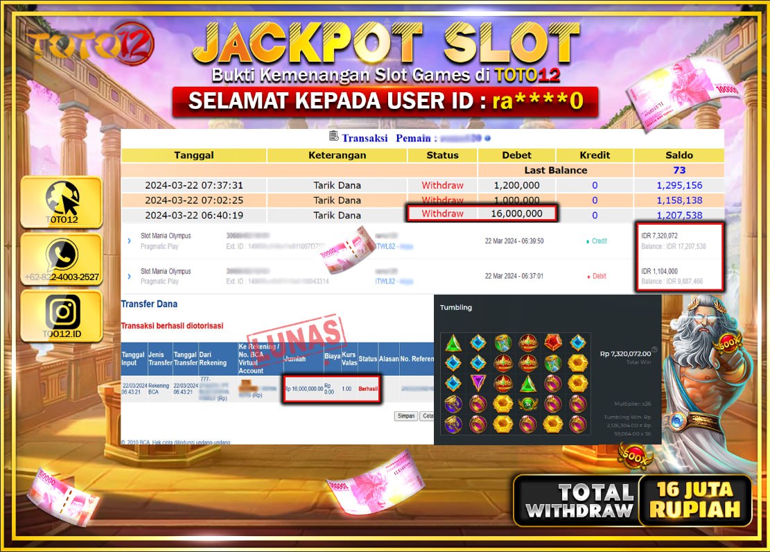 HANYA DI TOTO12 JP PASTI DI BAYAR LUNAS DAN CEPAT!!!!!! JACKPOT SLOT GAME ( SLOT MANIA OLYMPUS ) Rp.16.000.000 !!!!