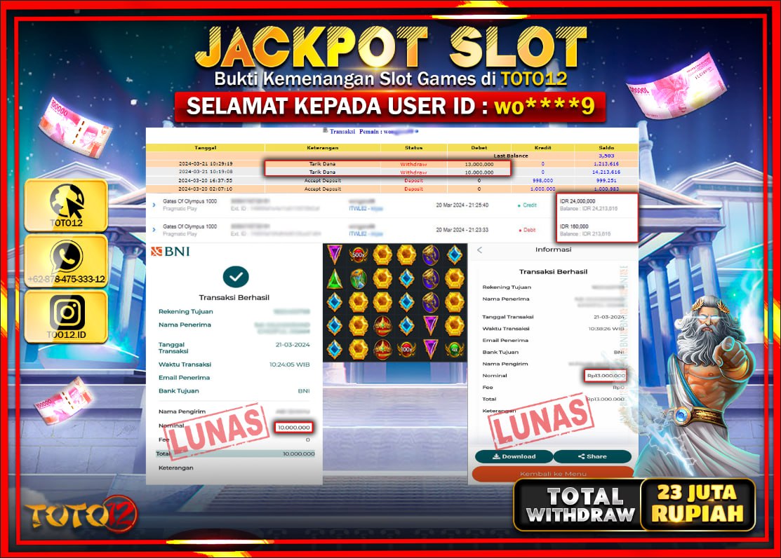 HANYA DI TOTO12 JP PASTI DI BAYAR LUNAS DAN CEPAT!!!!!! JACKPOT SLOT GAME ( GATES OF OLYMPUS 1000 ) Rp.23.000.000 !!!!