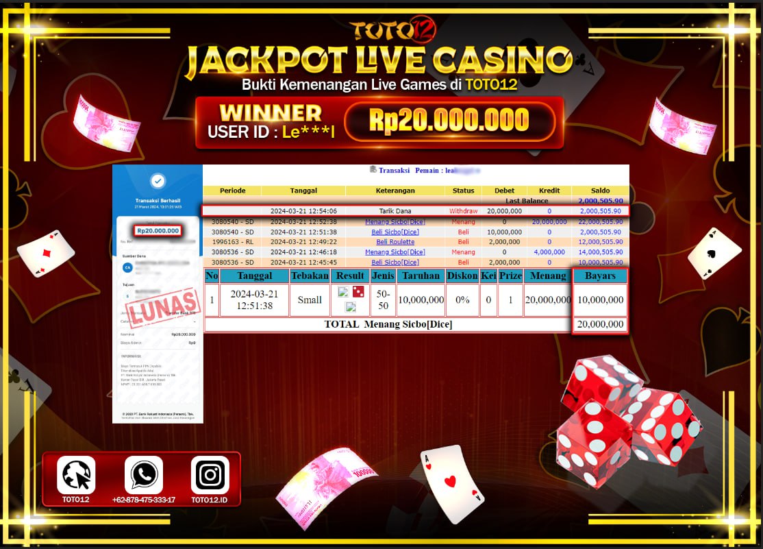 HANYA DI TOTO12 JP PASTI DI BAYAR LUNAS DAN CEPAT!!!!!! JACKPOT LIVE CASINO GAME ( SICBO { DICE } ) Rp.20.000.000 !!!!