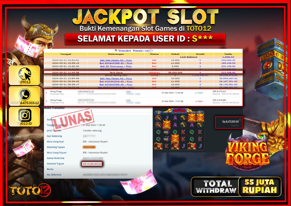 HANYA DI TOTO12 JP PASTI DI BAYAR LUNAS DAN CEPAT!!!!!! JACKPOT SLOT GAME ( VIKING FORGE ) Rp.55.000.000 !!!!