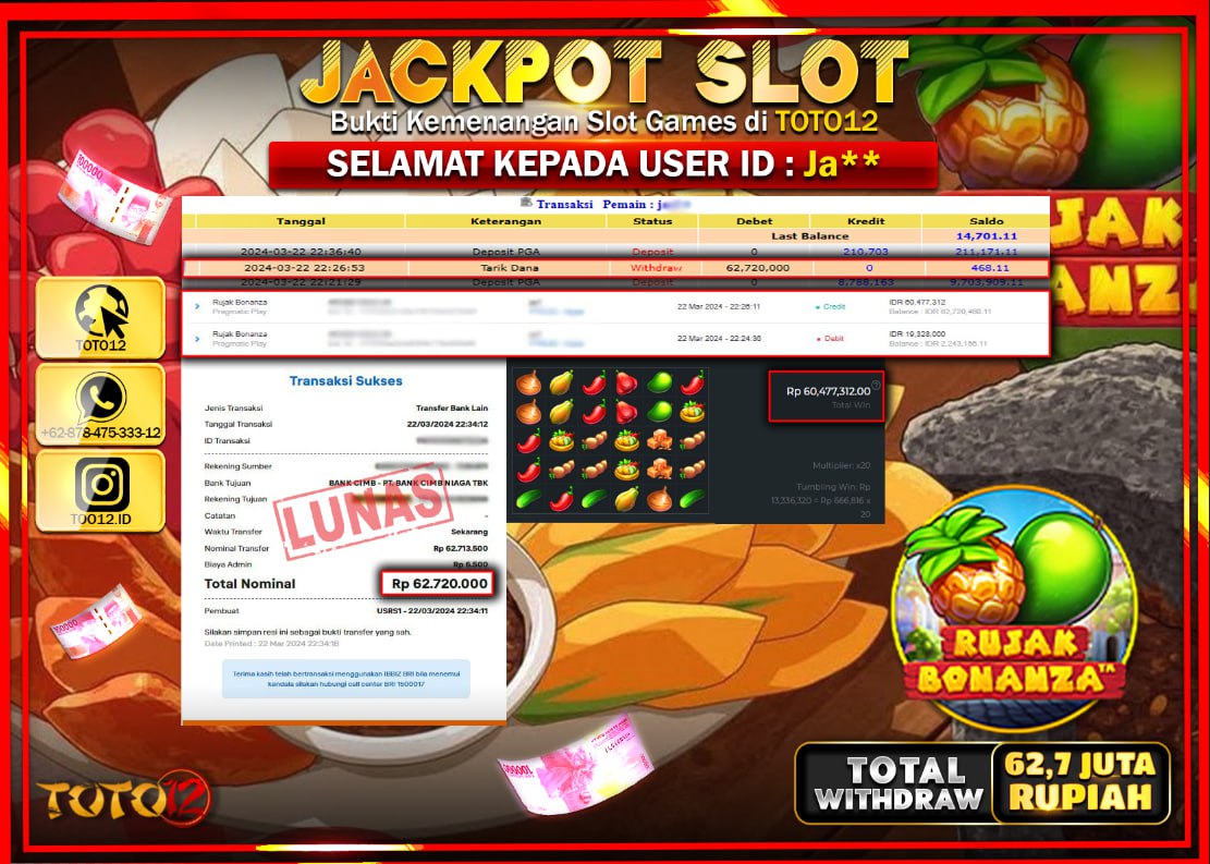 HANYA DI TOTO12 JP PASTI DI BAYAR LUNAS DAN CEPAT!!!!!! JACKPOT SLOT GAME ( RUJAK BONANZA ) Rp.62.700.000 !!!!
