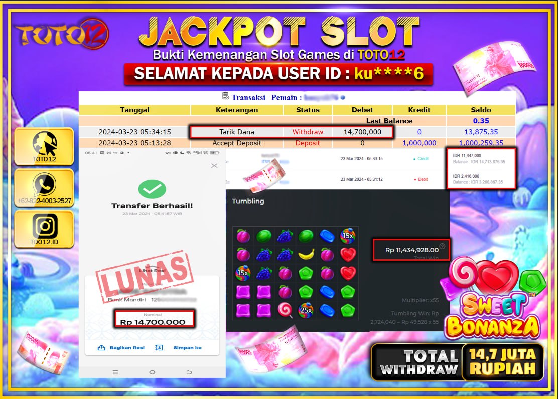HANYA DI TOTO12 JP PASTI DI BAYAR LUNAS DAN CEPAT!!!!!! JACKPOT SLOT GAME ( SWEET BONANZA ) Rp.14.700.000 !!!!