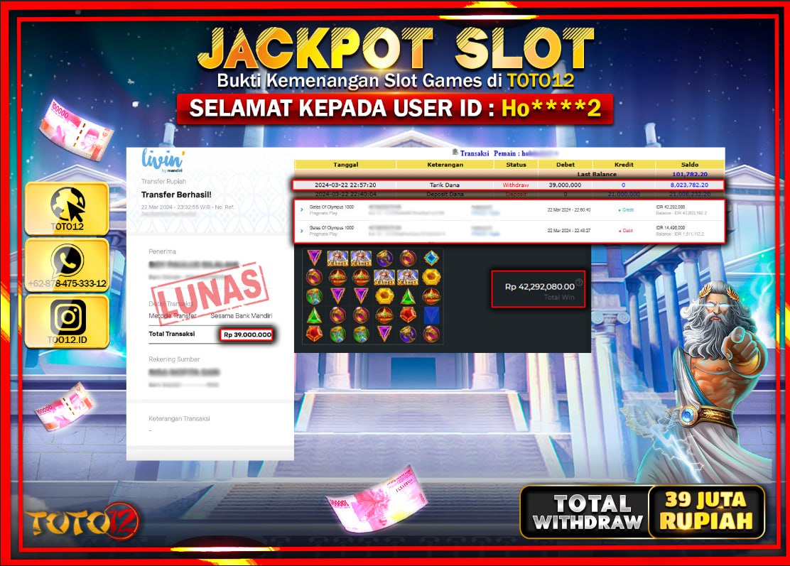 HANYA DI TOTO12 JP PASTI DI BAYAR LUNAS DAN CEPAT!!!!!! JACKPOT SLOT GAME ( GATES OF OLYMPUS 1000 ) Rp.39.000.000 !!!!