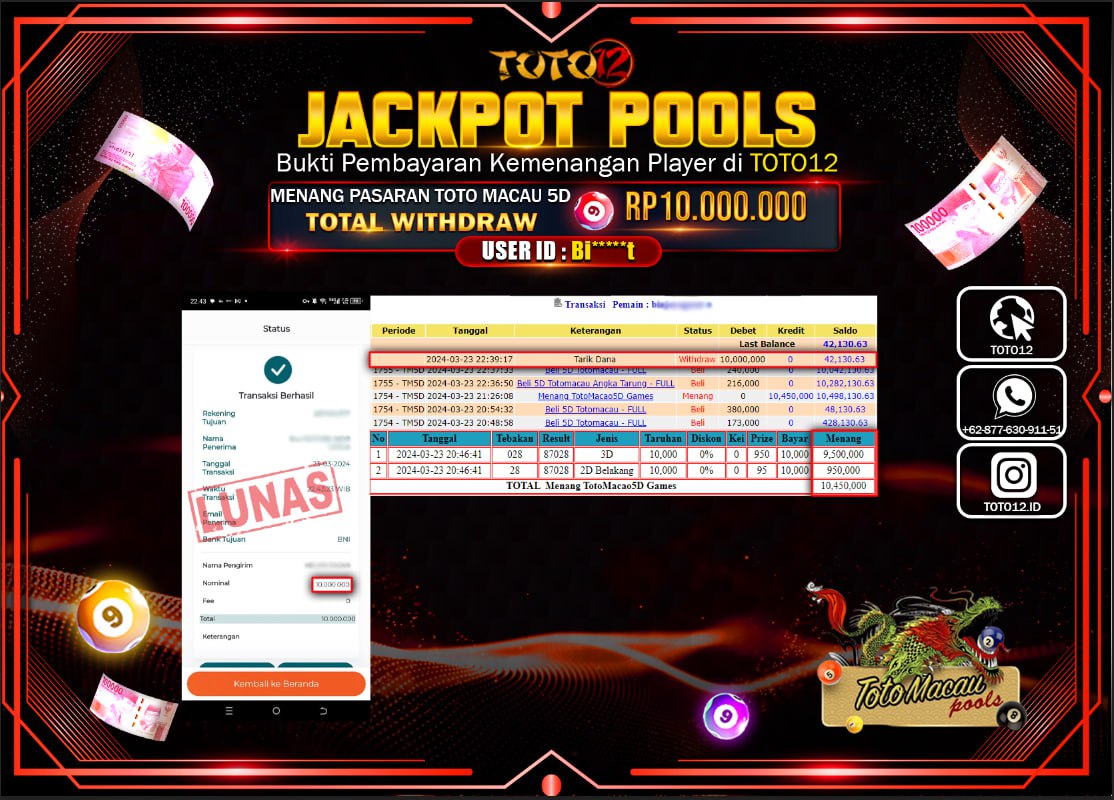 HANYA DI TOTO12 JP PASTI DI BAYAR LUNAS DAN CEPAT!!!!!! JACKPOT POOLS MENANG PASARAN { TOTO MACAU } Rp.10.000.000 !!!!!