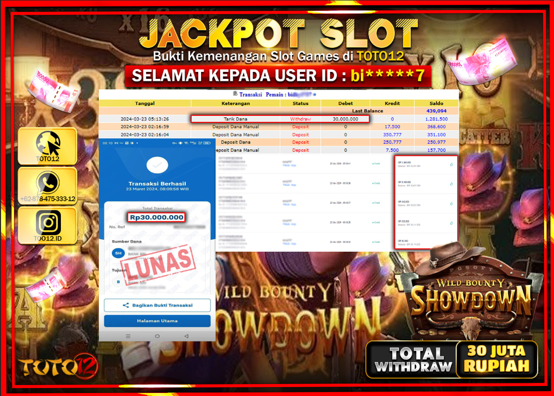 HANYA DI TOTO12 JP PASTI DI BAYAR LUNAS DAN CEPAT!!!!!! JACKPOT SLOT GAME ( WILD BOUNTY SHOWDOWN ) Rp.30.000.000!!!!!