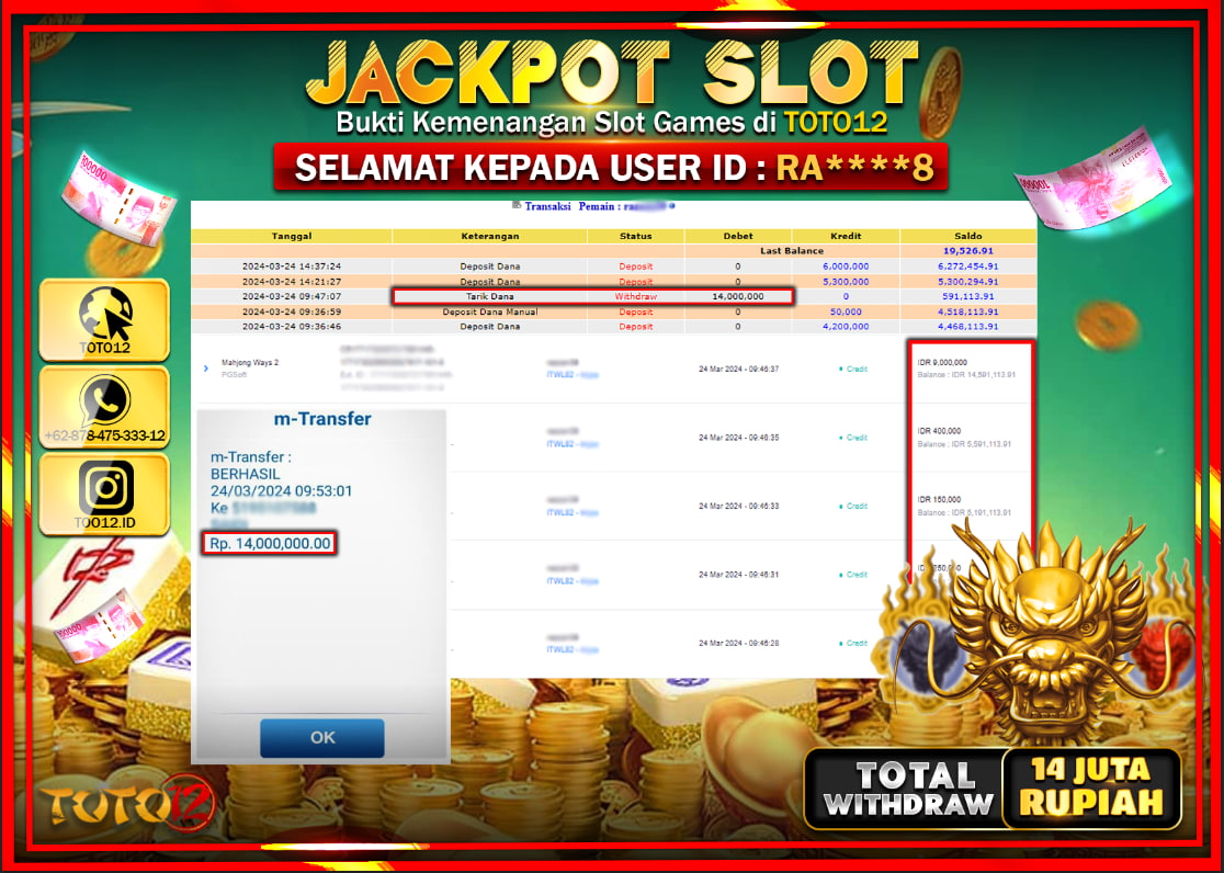 HANYA DI TOTO12 JP PASTI DI BAYAR LUNAS DAN CEPAT!!!!!! JACKPOT SLOT GAME ( MAHJONG WAYS 2 ) Rp.14.000.000 !!!!