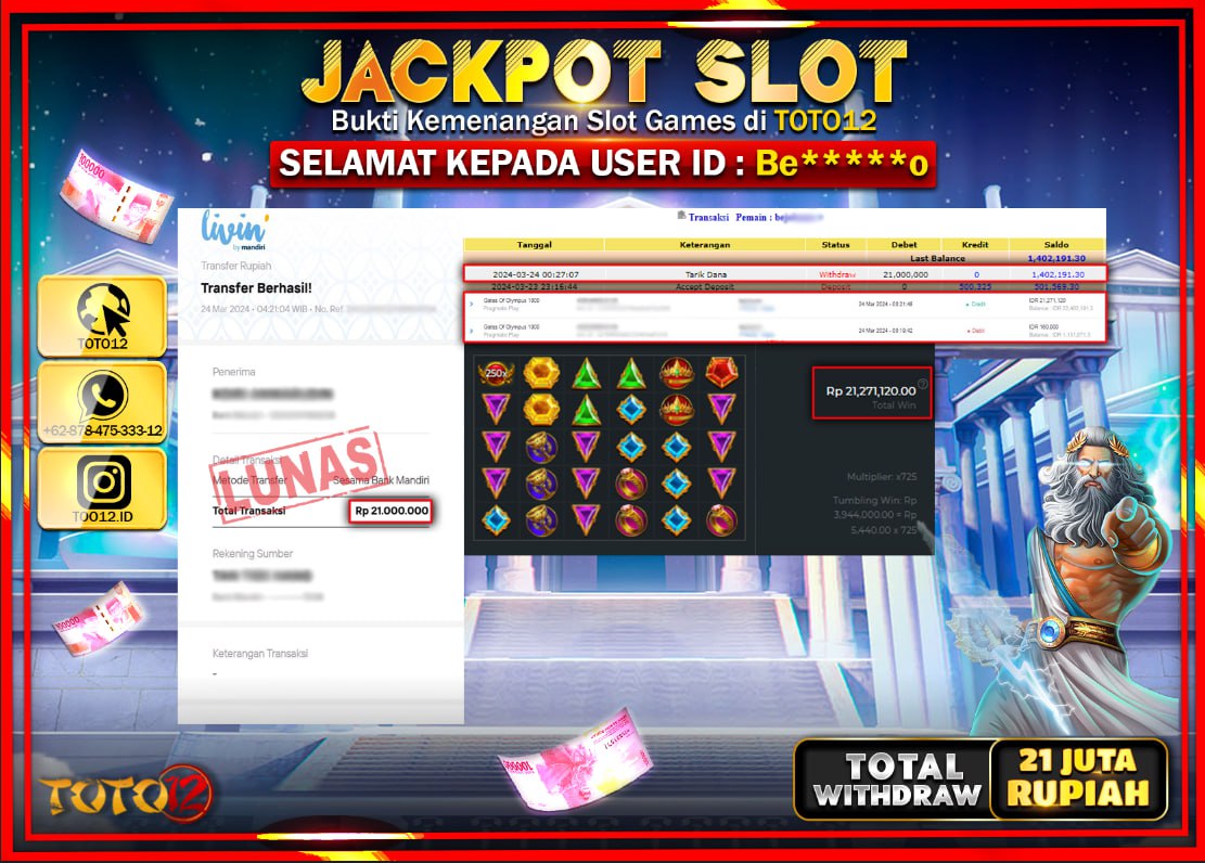 HANYA DI TOTO12 JP PASTI DI BAYAR LUNAS DAN CEPAT!!!!!! JACKPOT SLOT GAME ( GATES OF OLYMPUS ) Rp.21.000.000 !!!!
