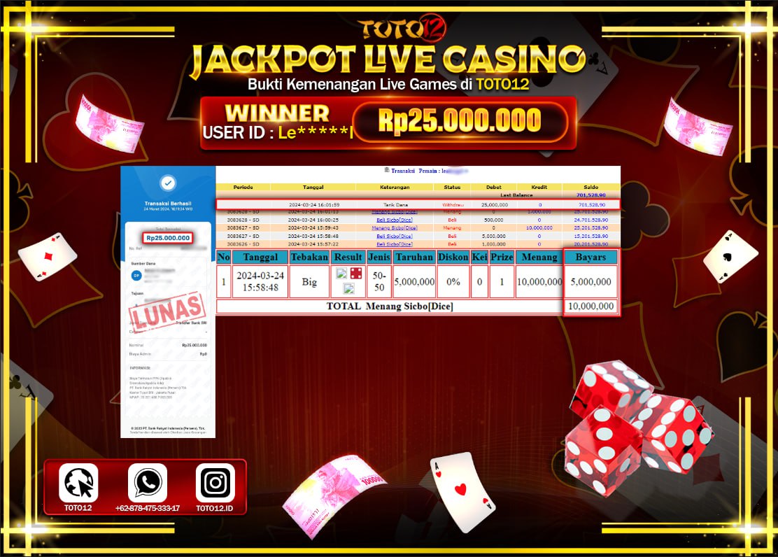 HANYA DI TOTO12 JP PASTI DI BAYAR LUNAS DAN CEPAT!!!!!! JACKPOT LIVE CASINO GAME ( SICBO DICE ) Rp.25.000.000 !!!!
