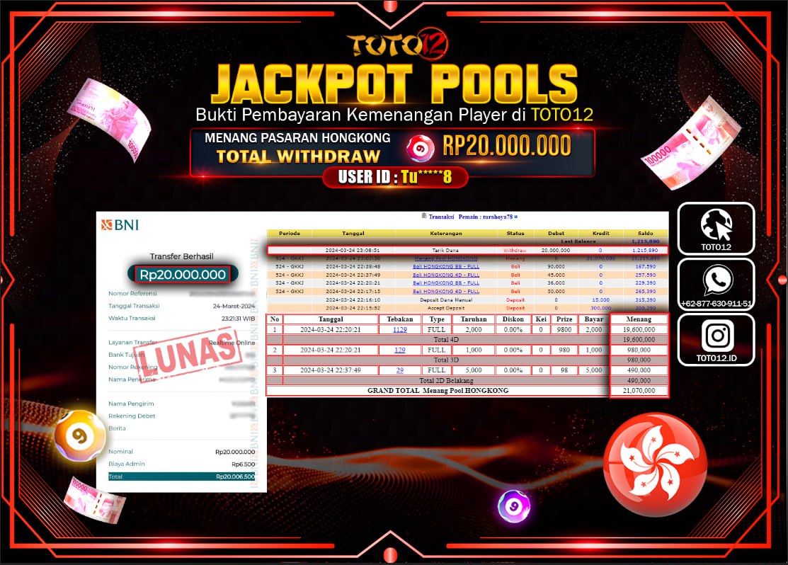HANYA DI TOTO12 JP PASTI DI BAYAR LUNAS DAN CEPAT!!!!!! JACKPOT POOLS MENANG PASARAN { HONGKONG } Rp.20.000.000 !!!!!