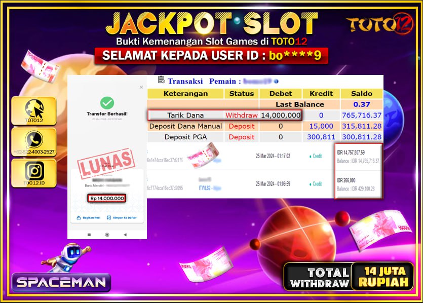 HANYA DI TOTO12 JP PASTI DI BAYAR LUNAS DAN CEPAT!!!!!! JACKPOT SLOT GAME ( SPACEMAN ) Rp.14.000.000 !!!!!
