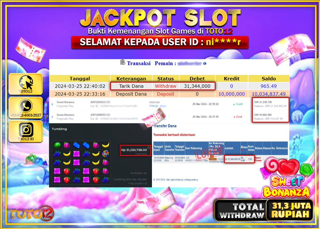 HANYA DI TOTO12 JP PASTI DI BAYAR LUNAS DAN CEPAT!!!!!! JACKPOT SLOT GAME ( SWEET BONANZA ) Rp.31.300.000 !!!!