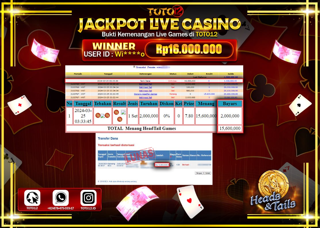 HANYA DI TOTO12 JP PASTI DI BAYAR LUNAS DAN CEPAT!!!!!! JACKPOT LIVE CASINO GAME ( HEAD TAIL ) Rp.16.000.000 !!!!
