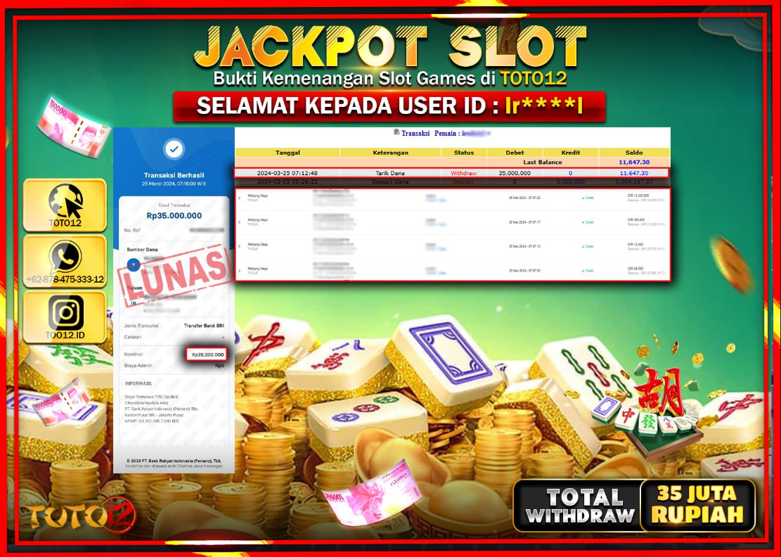HANYA DI TOTO12 JP PASTI DI BAYAR LUNAS DAN CEPAT!!!!!! JACKPOT SLOT GAME ( MAHJONG WAYS ) Rp.35.000.000 !!!!