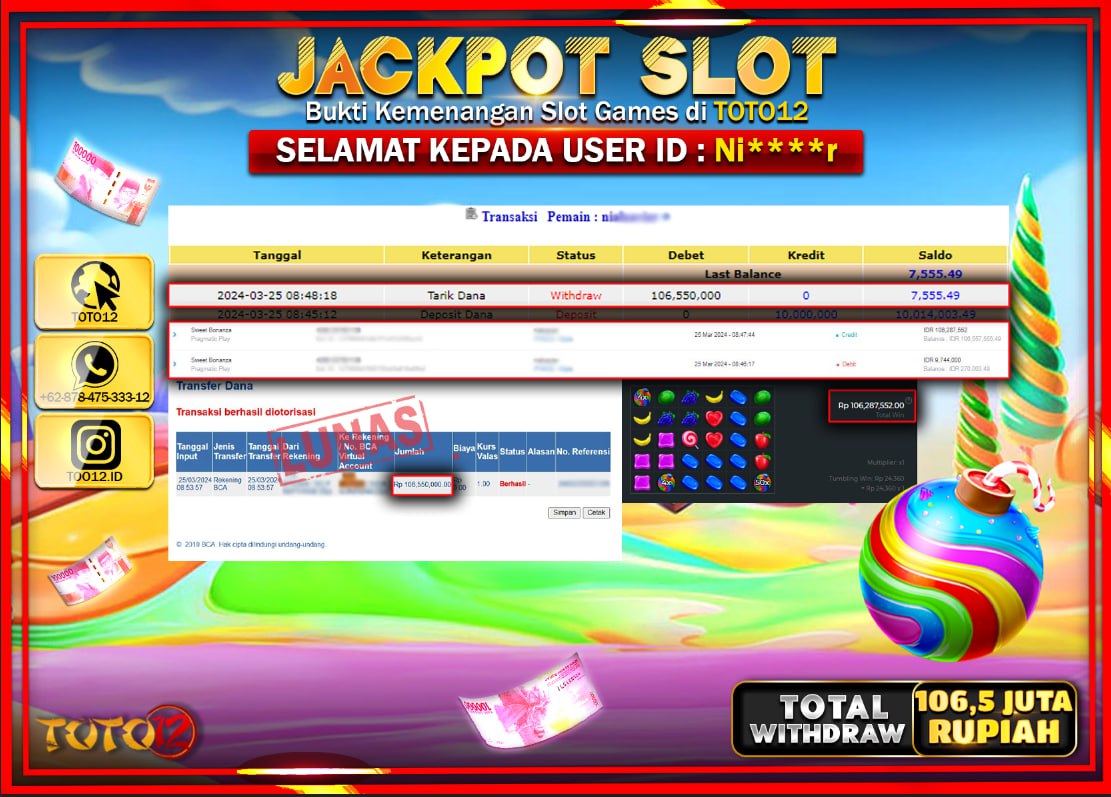 HANYA DI TOTO12 JP PASTI DI BAYAR LUNAS DAN CEPAT!!!!!! JACKPOT SLOT GAME ( SWEET BONANZA ) Rp.106.500.000 !!!!