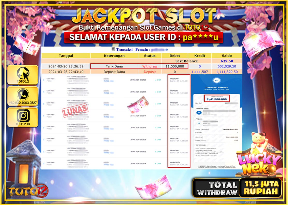 HANYA DI TOTO12 JP PASTI DI BAYAR LUNAS DAN CEPAT!!!!!! JACKPOT SLOT GAME ( LUCKY NEKO ) Rp.11.500.000 !!!!
