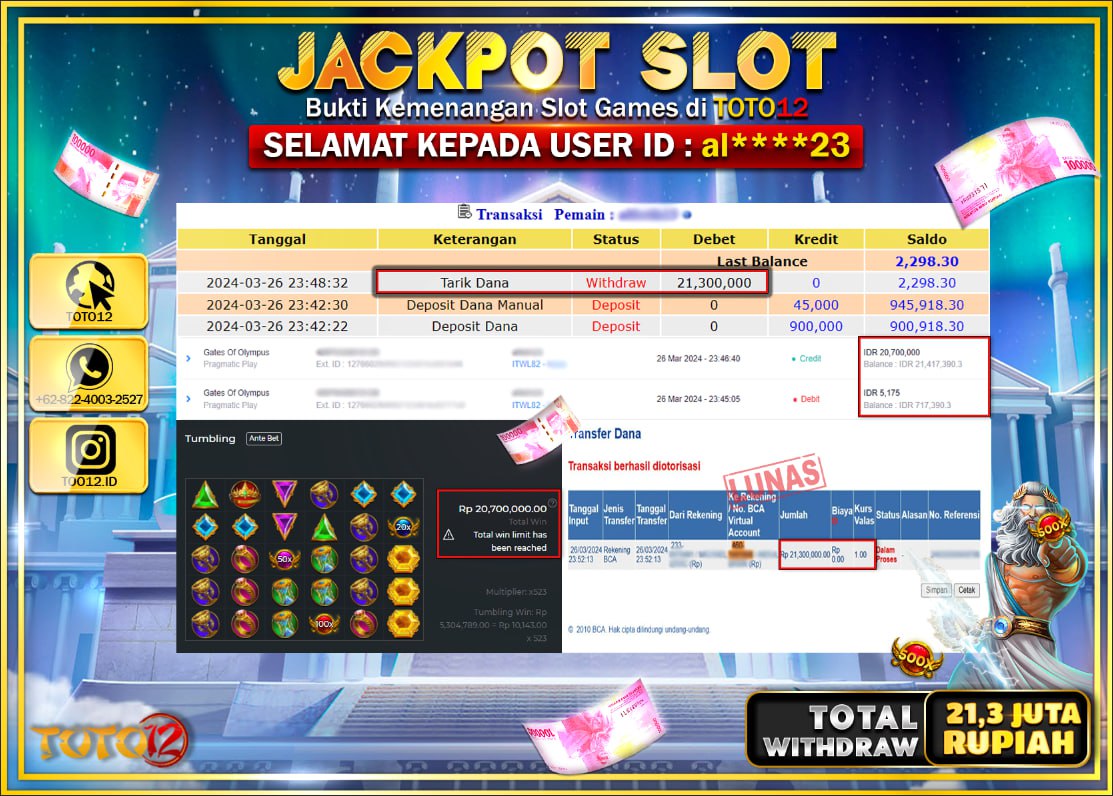 HANYA DI TOTO12 JP PASTI DI BAYAR LUNAS DAN CEPAT!!!!!! JACKPOT SLOT GAME ( GATES OF OLYMPUS ) Rp.21.300.000 !!!!