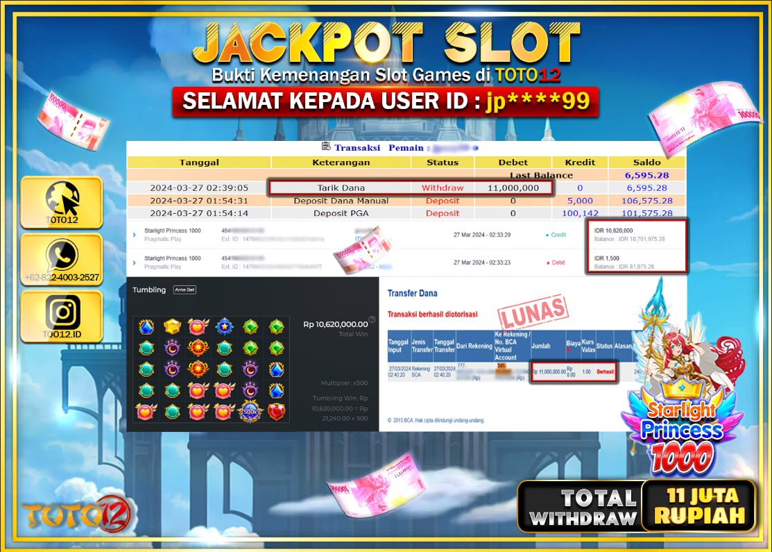 HANYA DI TOTO12 JP PASTI DI BAYAR LUNAS DAN CEPAT!!!!!! JACKPOT SLOT GAME ( STARLIGHT PRINCES 1000 ) Rp.11.000.000 !!!!