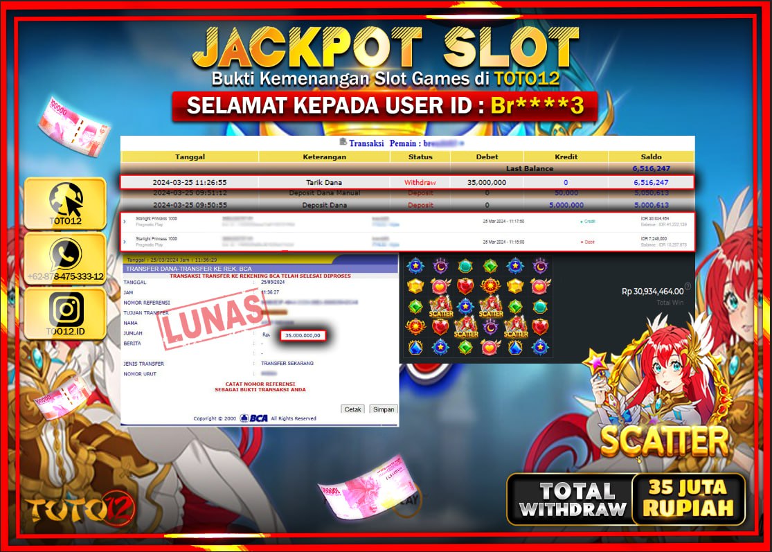 HANYA DI TOTO12 JP PASTI DI BAYAR LUNAS DAN CEPAT!!!!!! JACKPOT SLOT GAME ( STARLIGHT PRINCES 1000 ) Rp.35.000.000 !!!!