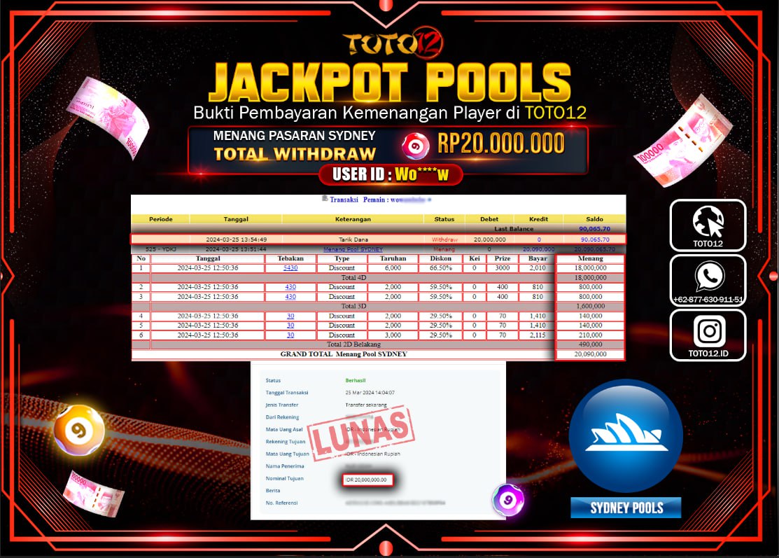 HANYA DI TOTO12 JP PASTI DI BAYAR LUNAS DAN CEPAT!!!!!! JACKPOT POOLS MENANG PASARAN { SYDNEY POOLS } Rp.20.000.000 !!!!!