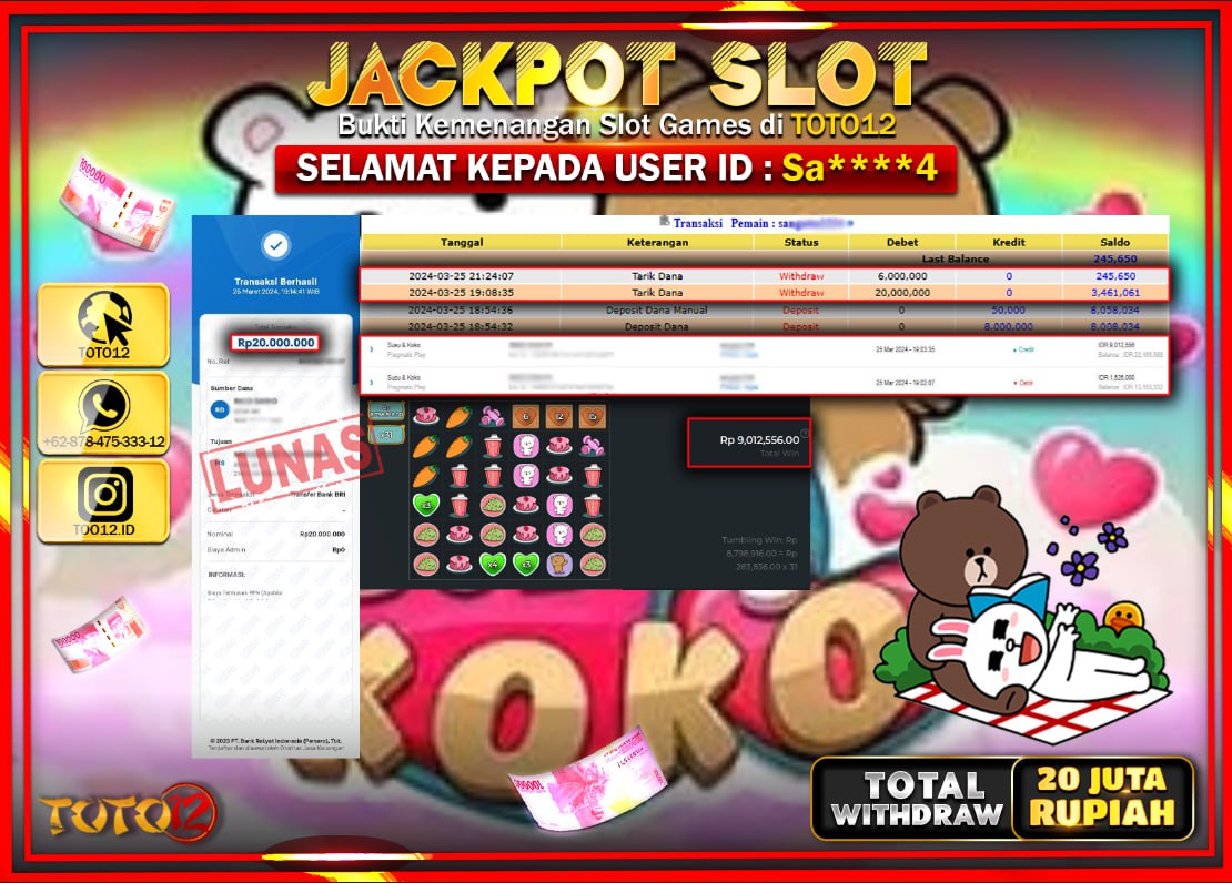 HANYA DI TOTO12 JP PASTI DI BAYAR LUNAS DAN CEPAT!!!!!! JACKPOT SLOT GAME ( LUCKY NEKO ) Rp.20.000.000 !!!!
