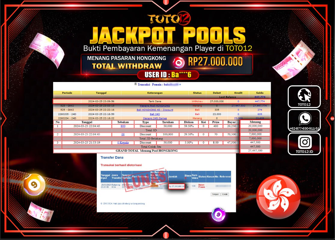 HANYA DI TOTO12 JP PASTI DI BAYAR LUNAS DAN CEPAT!!!!!! JACKPOT POOLS MENANG PASARAN { HONGKONG } Rp.27.000.000 !!!!!