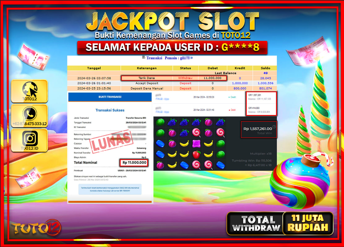 HANYA DI TOTO12 JP PASTI DI BAYAR LUNAS DAN CEPAT!!!!!! JACKPOT SLOT GAME ( SWEET BONANZA ) Rp.11.000.000 !!!!