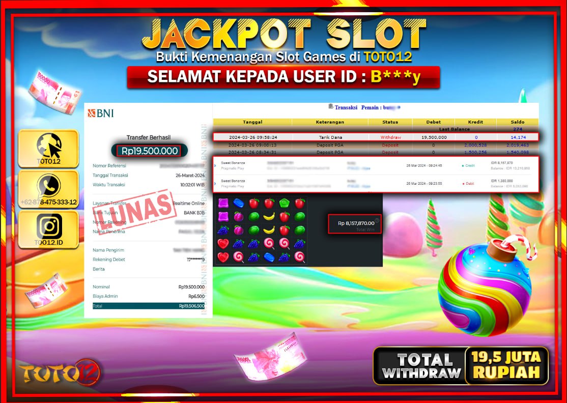HANYA DI TOTO12 JP PASTI DI BAYAR LUNAS DAN CEPAT!!!!!! JACKPOT SLOT GAME ( SWEET BONANZA ) Rp.19.500.000 !!!!