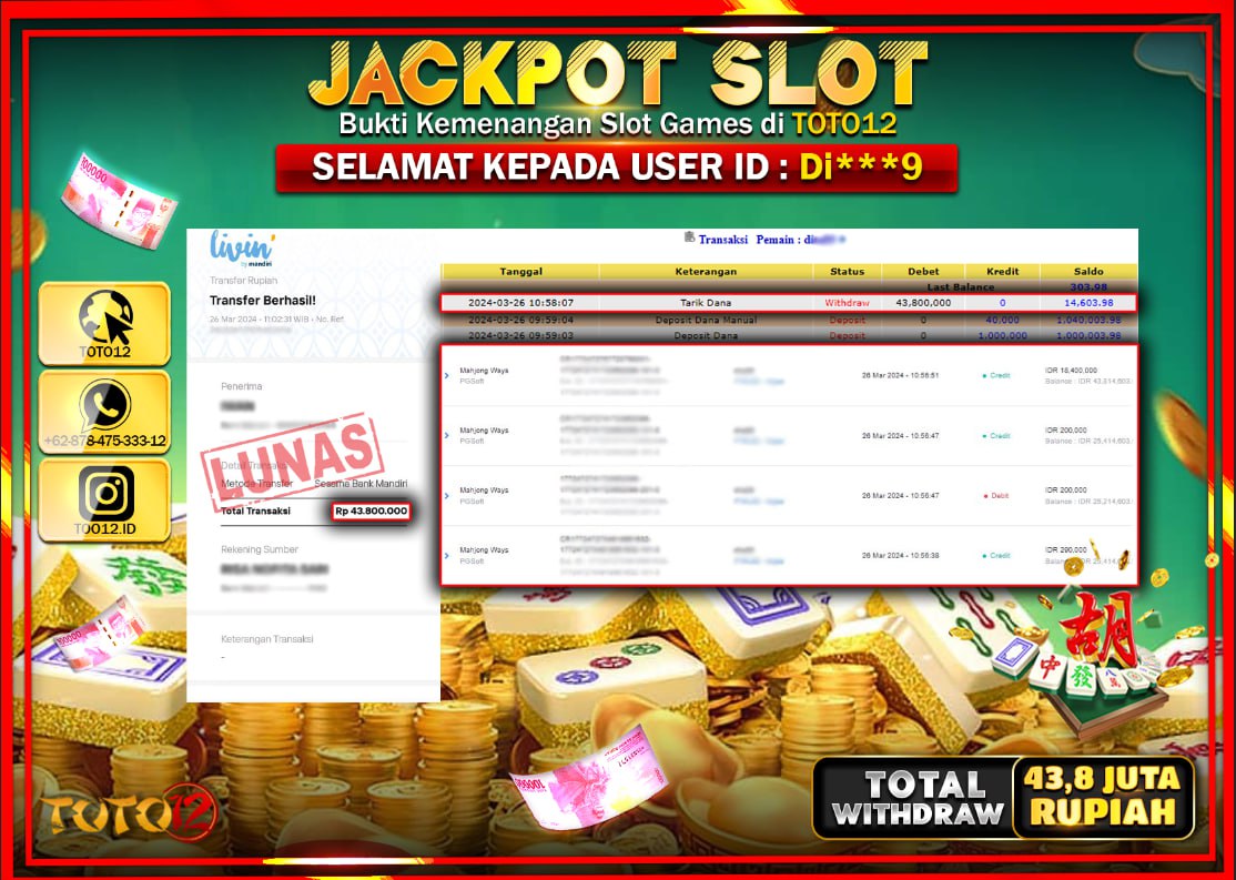 HANYA DI TOTO12 JP PASTI DI BAYAR LUNAS DAN CEPAT!!!!!! JACKPOT SLOT GAME ( MAHJONG WAYS ) Rp.43.800.000 !!!!