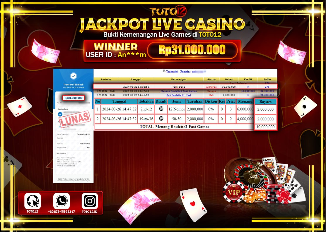 HANYA DI TOTO12 JP PASTI DI BAYAR LUNAS DAN CEPAT!!!!!! JACKPOT LIVE CASINO GAME ( ROULETTE ) Rp.31.000.000 !!!!
