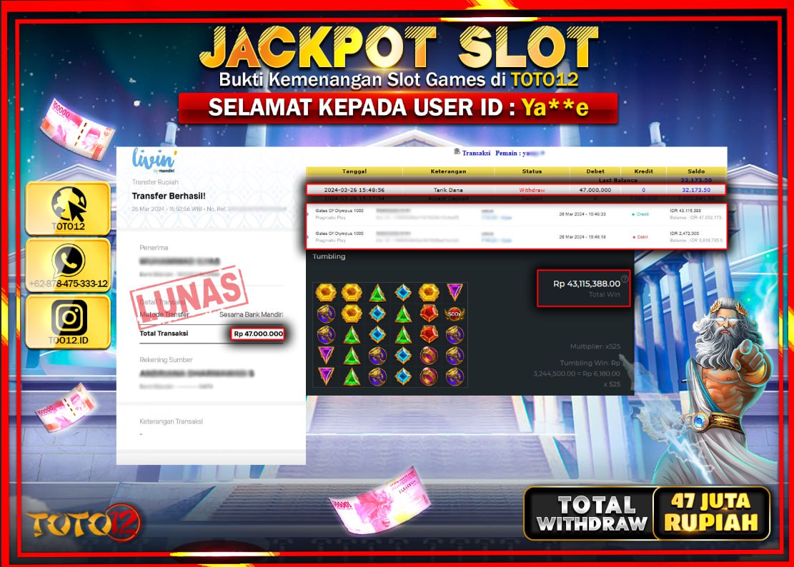 HANYA DI TOTO12 JP PASTI DI BAYAR LUNAS DAN CEPAT!!!!!! JACKPOT SLOT GAME ( GATES OF OLYMPUS 1000 ) Rp.47.000.000 !!!!