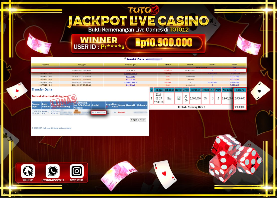 HANYA DI TOTO12 JP PASTI DI BAYAR LUNAS DAN CEPAT!!!!!! JACKPOT LIVE CASINO GAME ( DICE 6 ) Rp.10.900.000 !!!!