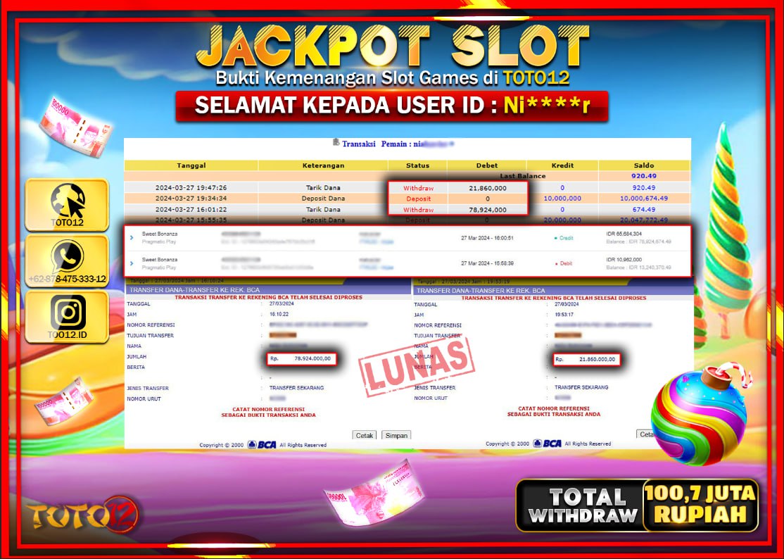 HANYA DI TOTO12 JP PASTI DI BAYAR LUNAS DAN CEPAT!!!!!! JACKPOT SLOT GAME ( SWEET BONANZA ) Rp.100.700.000 !!!!