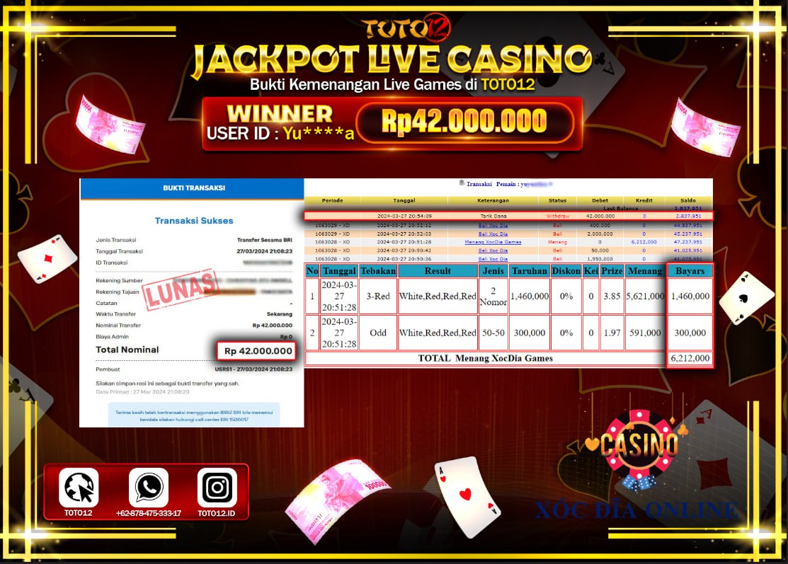 HANYA DI TOTO12 JP PASTI DI BAYAR LUNAS DAN CEPAT!!!!!! JACKPOT LIVE CASINO GAME ( XOC DIA ) Rp.42.000.000 !!!!