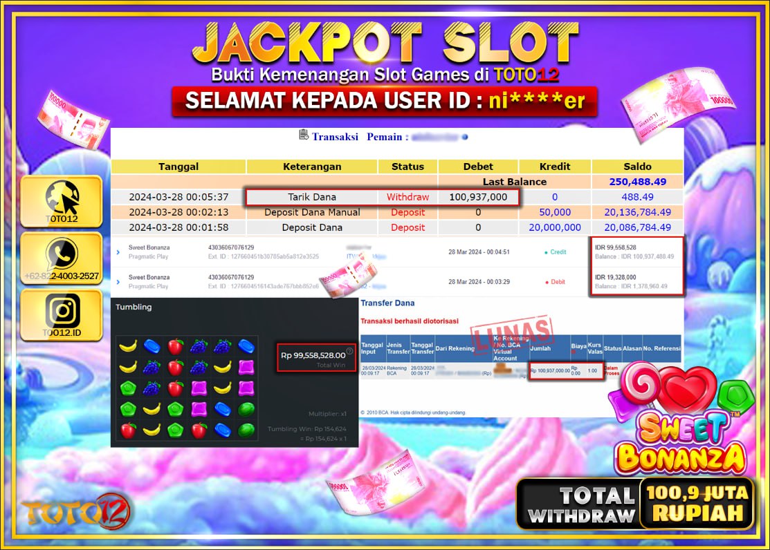 HANYA DI TOTO12 JP PASTI DI BAYAR LUNAS DAN CEPAT!!!!!! JACKPOT SLOT GAME ( SWEET BONANZA ) Rp.100.900.000 !!!!
