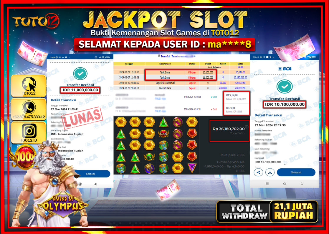 HANYA DI TOTO12 JP PASTI DI BAYAR LUNAS DAN CEPAT!!!!!! JACKPOT SLOT GAME ( GATES OF OLYMPUS ) Rp.21.100.000 !!!!