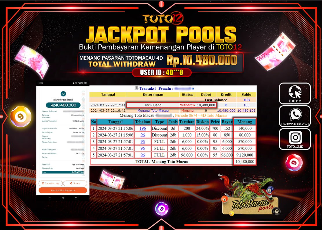 HANYA DI TOTO12 JP PASTI DI BAYAR LUNAS DAN CEPAT!!!!!! JACKPOT POOLS MENANG PASARAN { TOTO MACAU } Rp.10.480.000 !!!!!