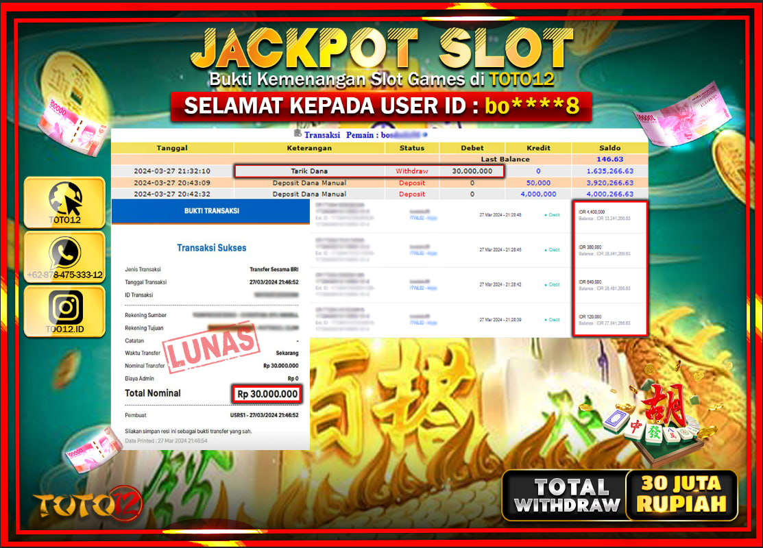 HANYA DI TOTO12 JP PASTI DI BAYAR LUNAS DAN CEPAT!!!!!! JACKPOT SLOT GAME ( MAHJONG WAYS ) Rp.30.000.000 !!!!